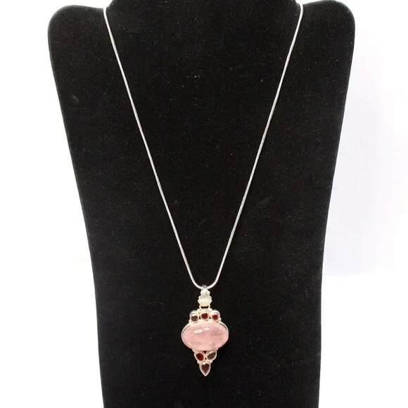 Sterling Silver Rose Quartz Gemstone and Red Glass Stone Necklace - Picture 3 of 13